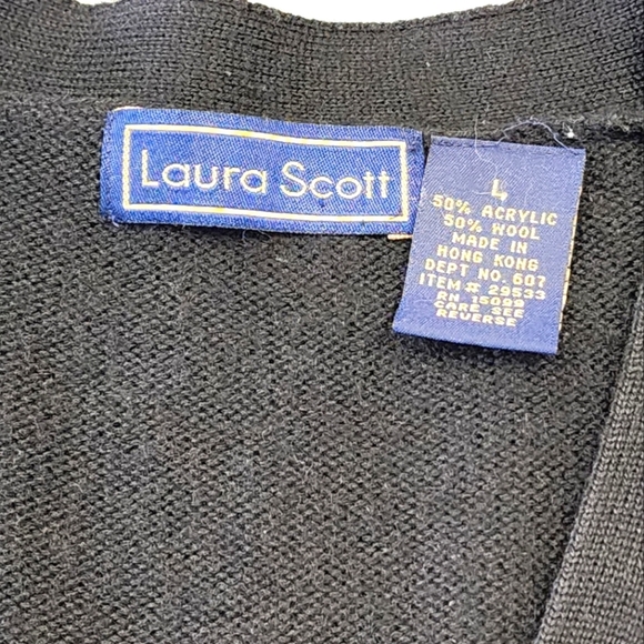 Laura Scott Upcycle Black Knit Lg Cardigan W/ Flower, Size LG - Picture 2 of 9